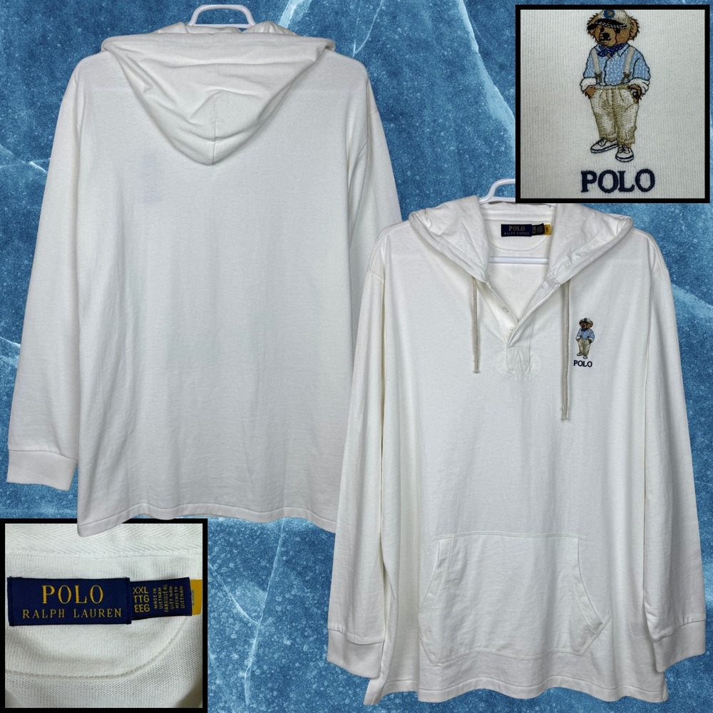 Ralph Lauren Polo Bear Jersey Rugby Hoodie Embroidered Mens XXL Off White Preppy